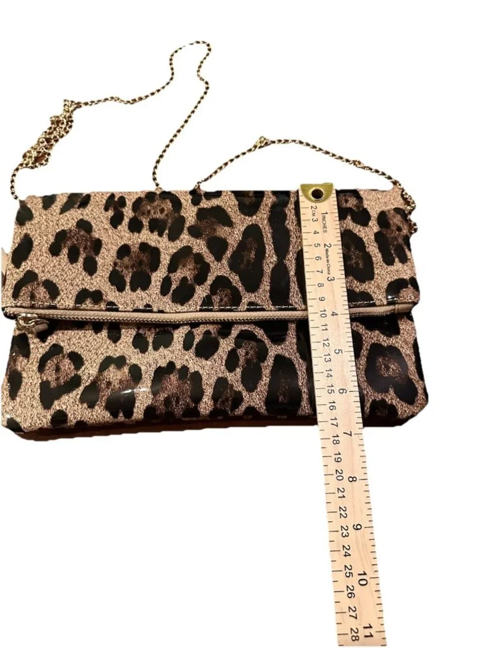 Vinyl Leopard Print Clutch with Gold Crossbody Chain Perfect With Jeans & Heels